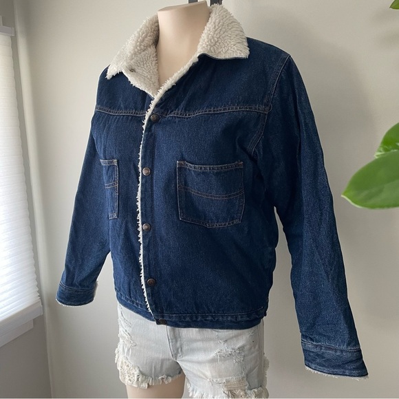 Vintage Sherpa Fleece Lined Denim Jacket Button Down Dark Medium Wash Size Small - Picture 8 of 12